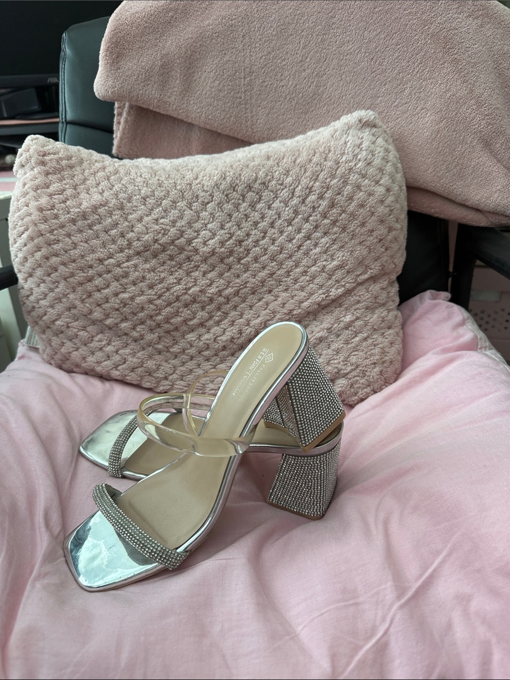 Call It Spring Silver Crystal Block Heel Sandals